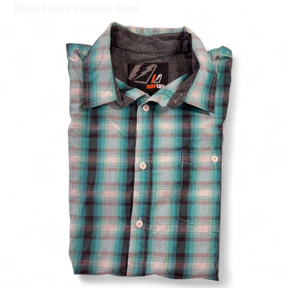 Amplify Teal Grey Plaid Short Sleeve Button down, Men’s Med Indie Y2K Streetwear
